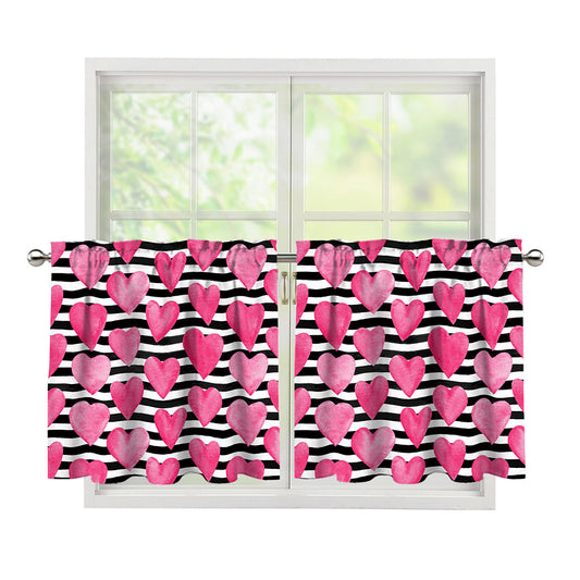 Black And White Striped Heart Print Tier Curtains