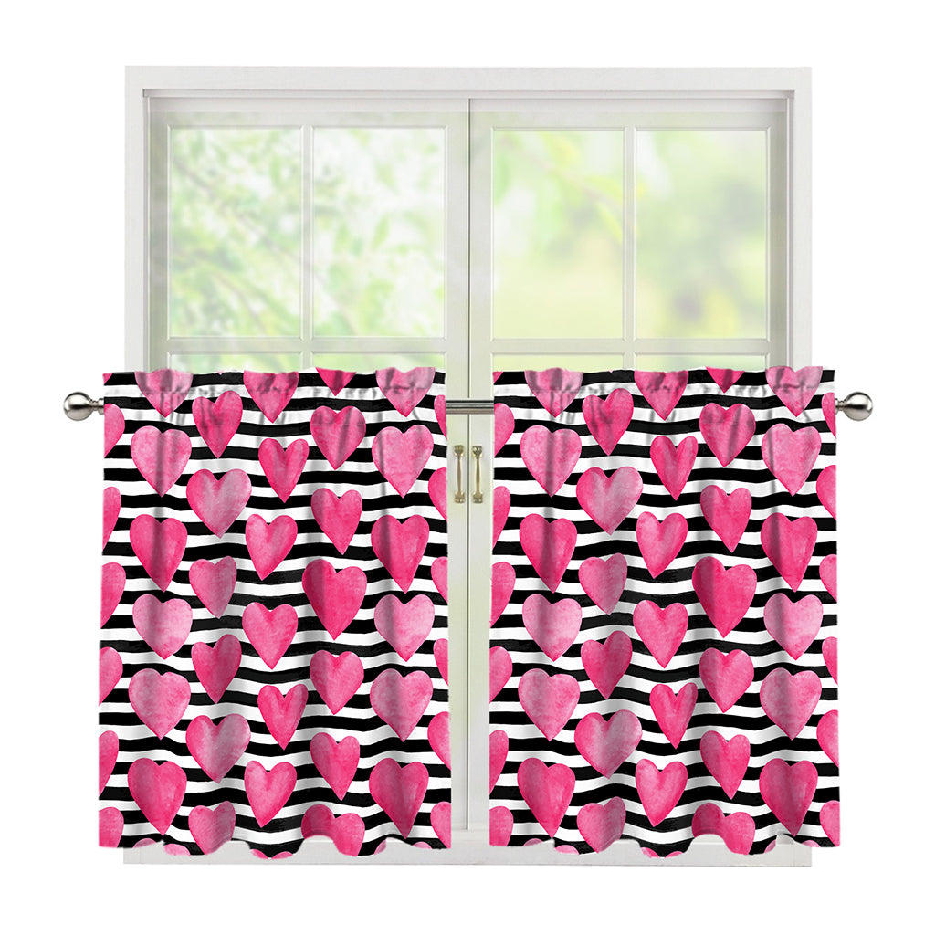 Black And White Striped Heart Print Tier Curtains