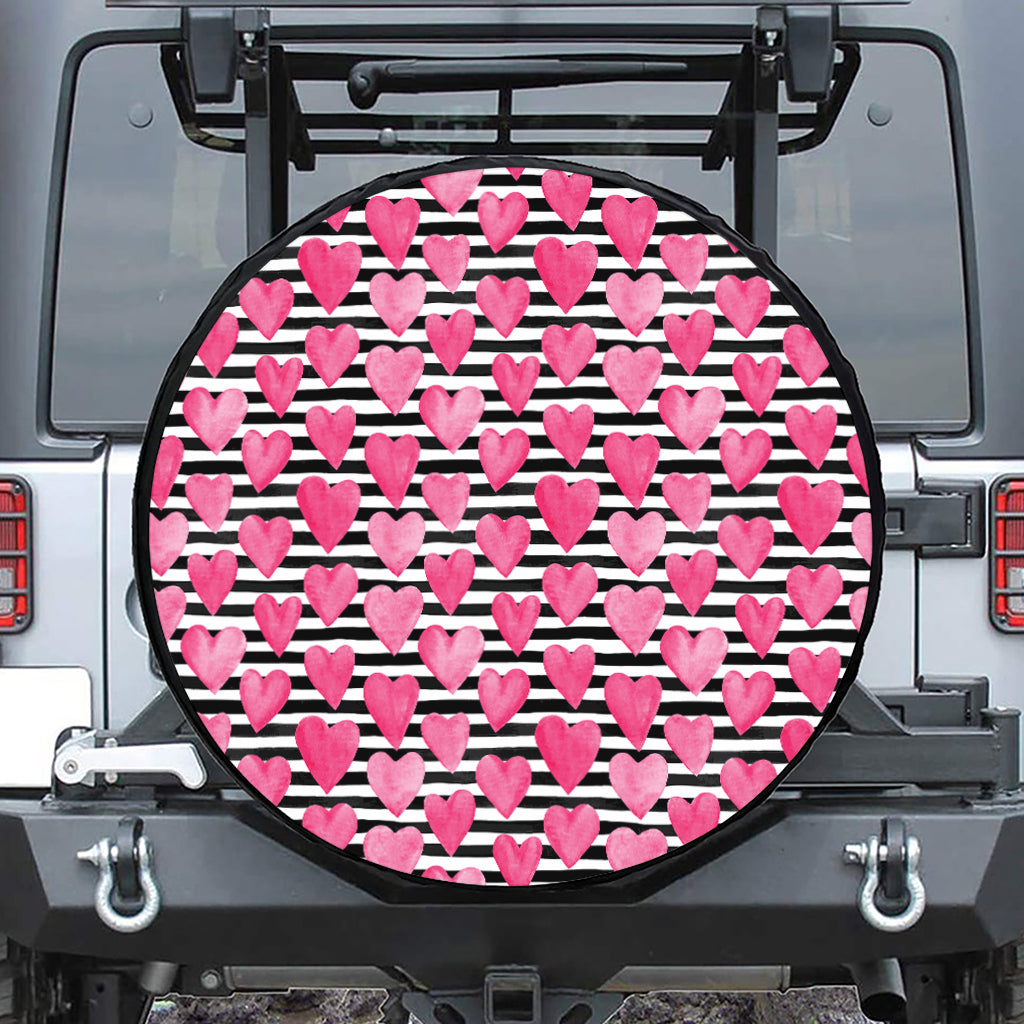 Black And White Striped Heart Print Tire Cover