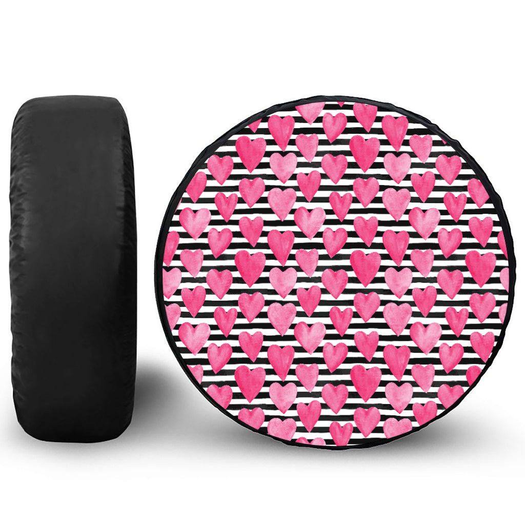 Black And White Striped Heart Print Tire Cover