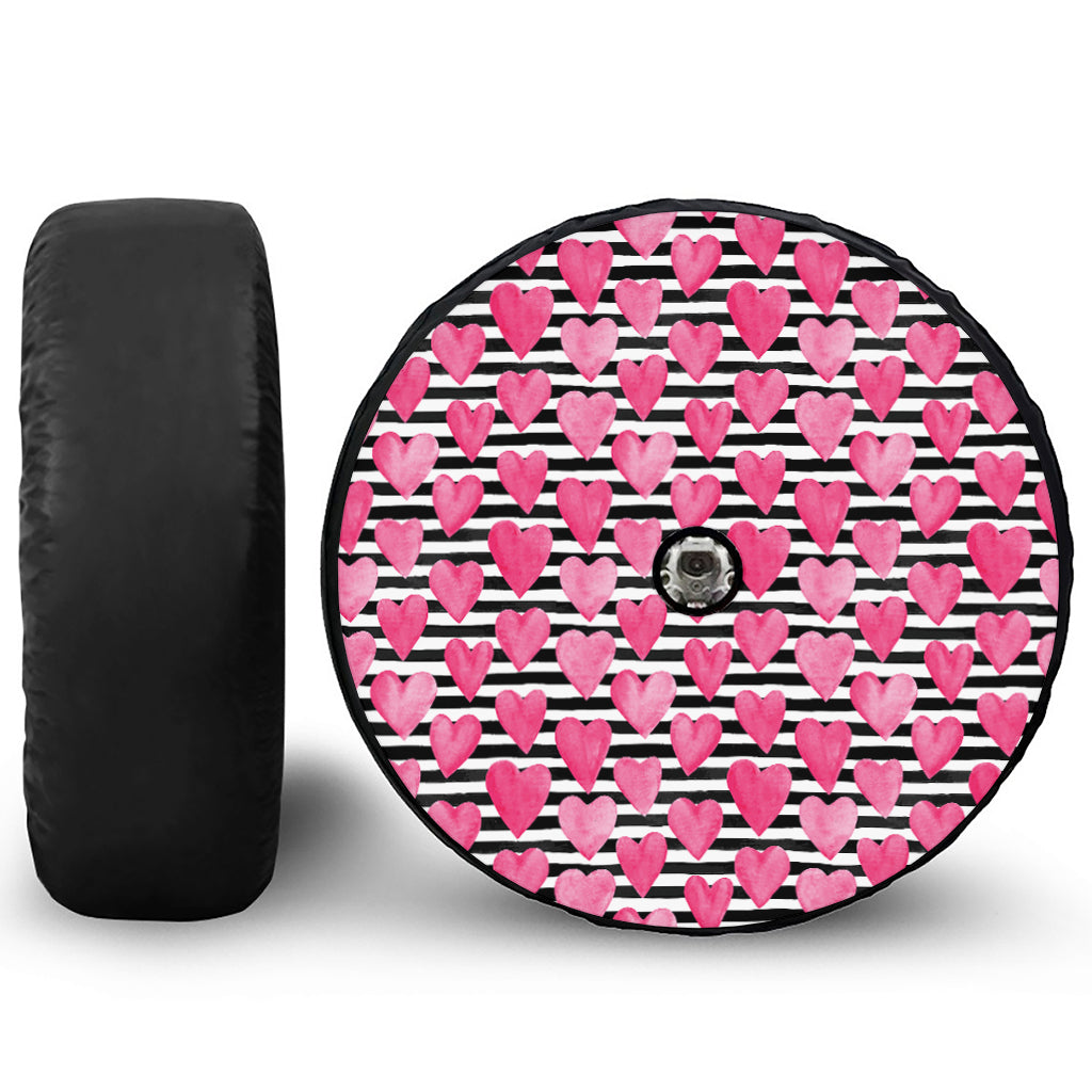 Black And White Striped Heart Print Tire Cover With Camera Hole