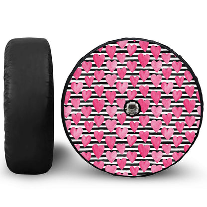 Black And White Striped Heart Print Tire Cover With Camera Hole