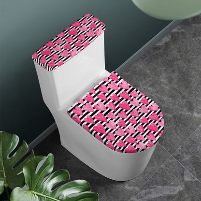 Black And White Striped Heart Print Toilet Lid And Tank Cover Set