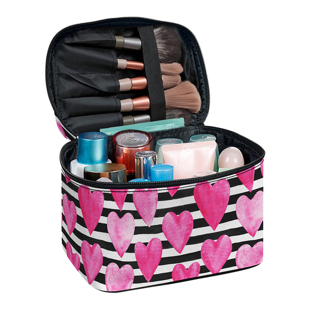 Black And White Striped Heart Print Travel Makeup Bag