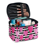 Black And White Striped Heart Print Travel Makeup Bag