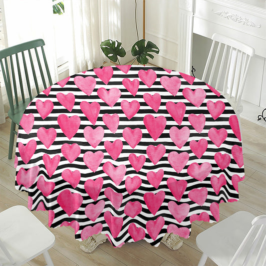 Black And White Striped Heart Print Waterproof Round Tablecloth