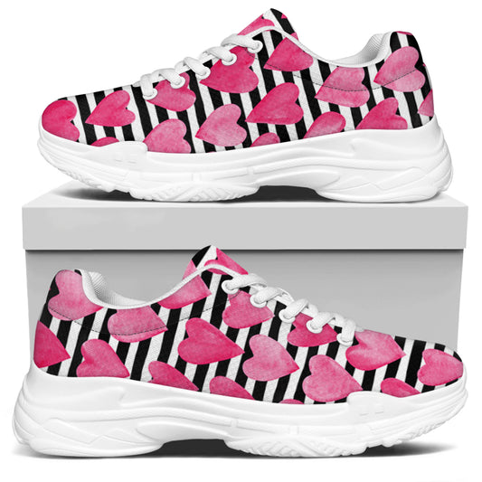 Black And White Striped Heart Print White Chunky Shoes