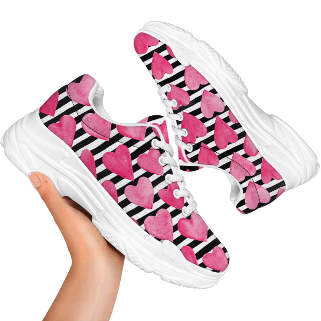 Black And White Striped Heart Print White Chunky Shoes