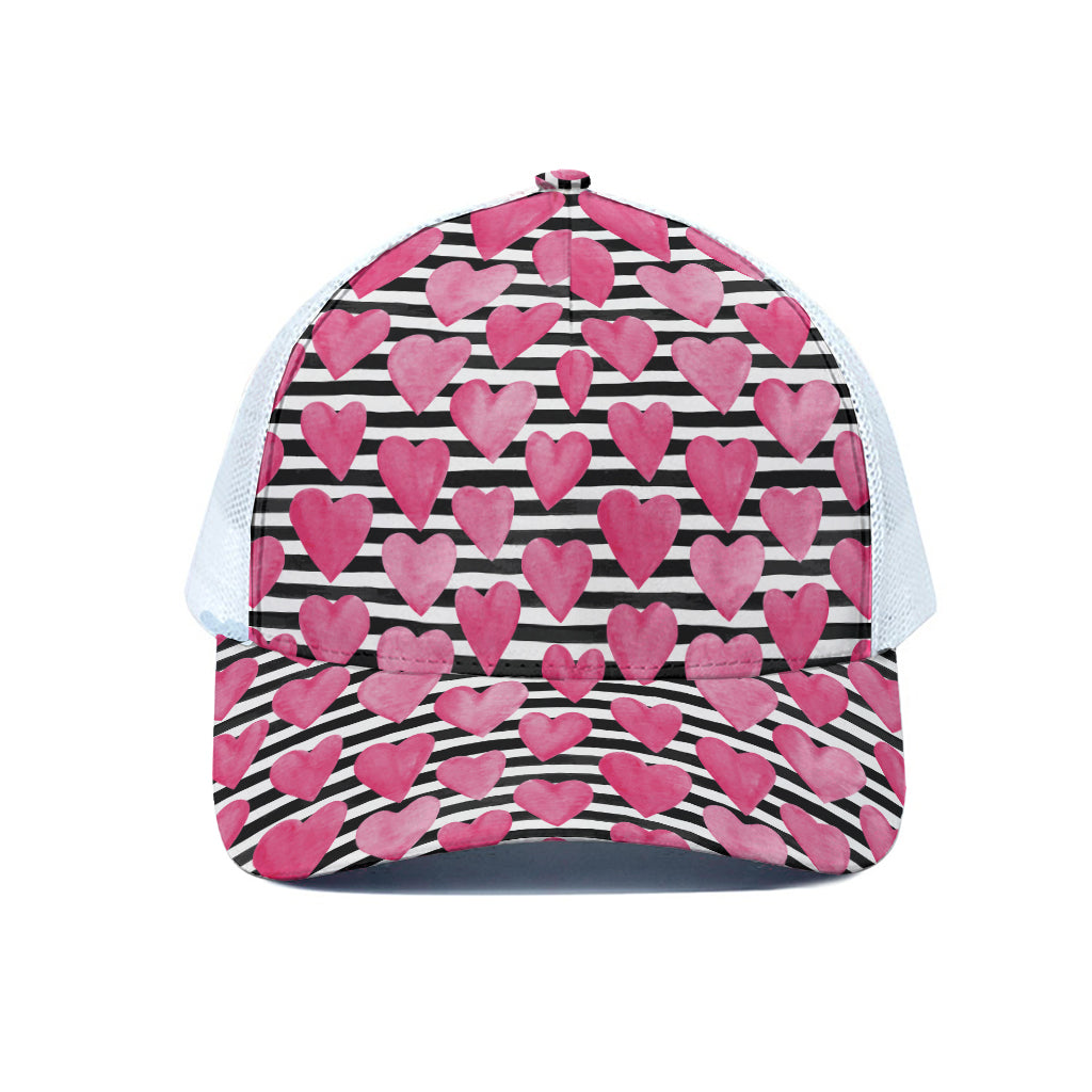 Black And White Striped Heart Print White Mesh Trucker Cap