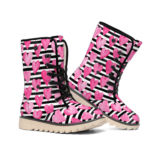 Black And White Striped Heart Print Winter Boots