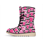Black And White Striped Heart Print Winter Boots