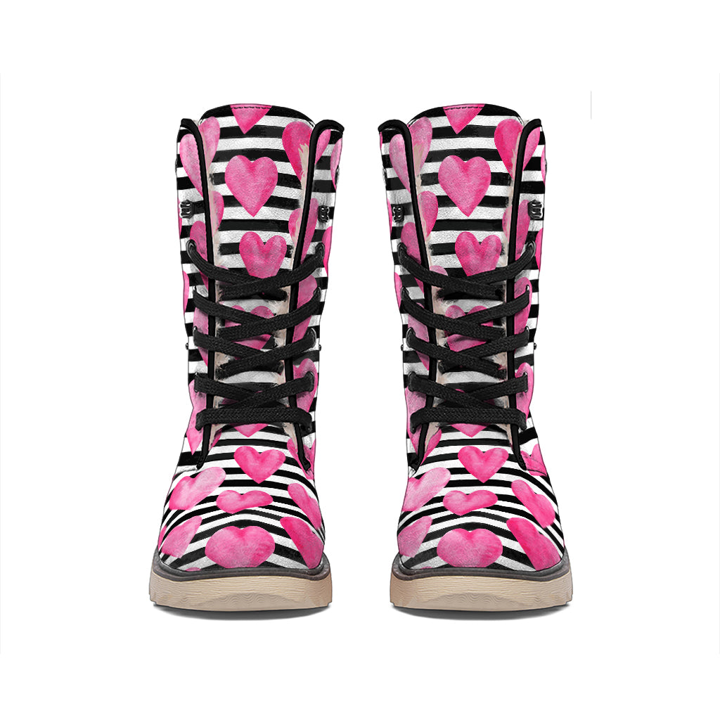 Black And White Striped Heart Print Winter Boots