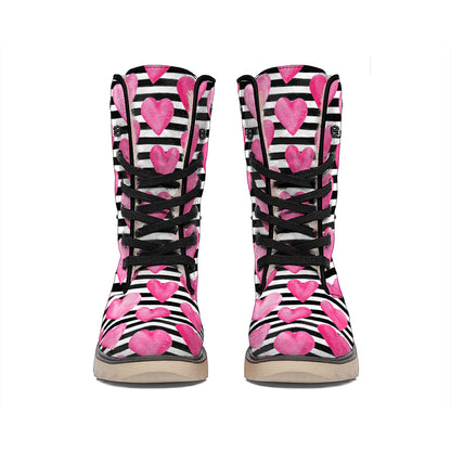 Black And White Striped Heart Print Winter Boots