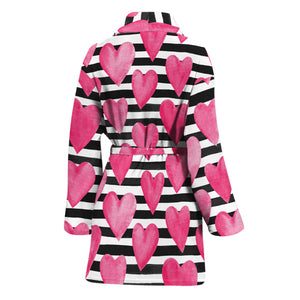 Black And White Striped Heart Print Women's Bathrobe