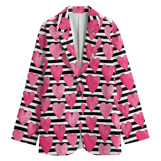 Black And White Striped Heart Print Women's Blazer