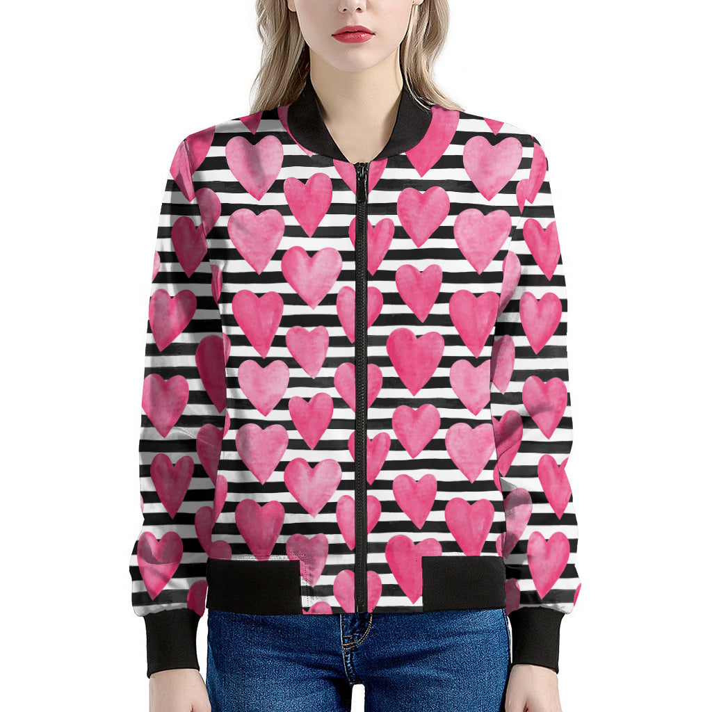 Black And White Striped Heart Print Women's Bomber Jacket