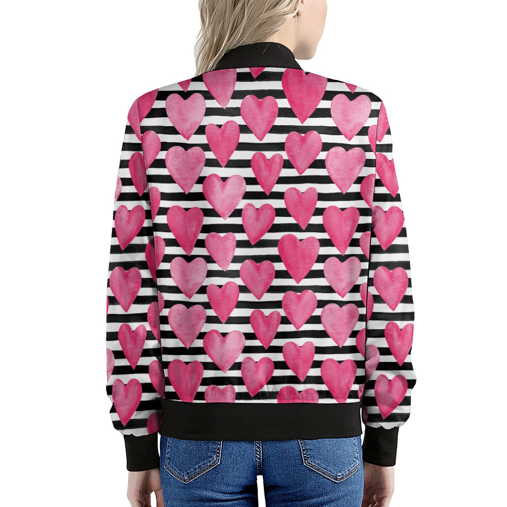 Black And White Striped Heart Print Women's Bomber Jacket