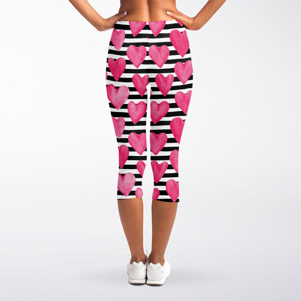 Black And White Striped Heart Print Women's Capri Leggings