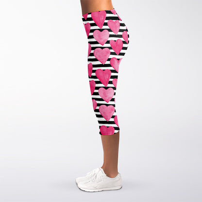 Black And White Striped Heart Print Women's Capri Leggings