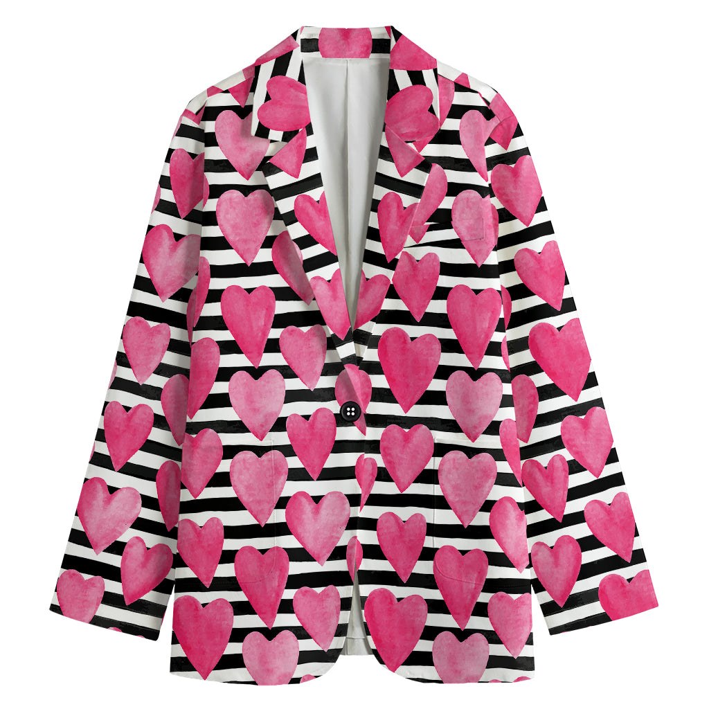 Black And White Striped Heart Print Women's Cotton Blazer