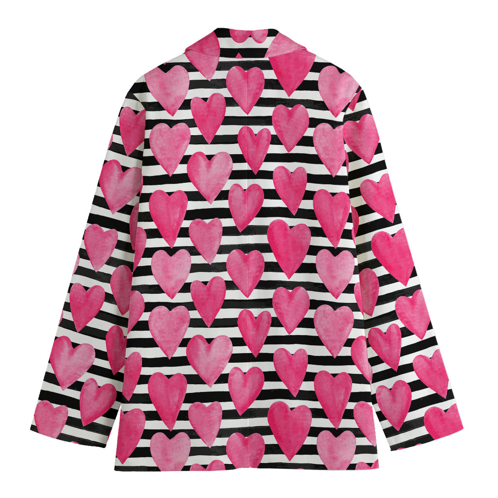 Black And White Striped Heart Print Women's Cotton Blazer