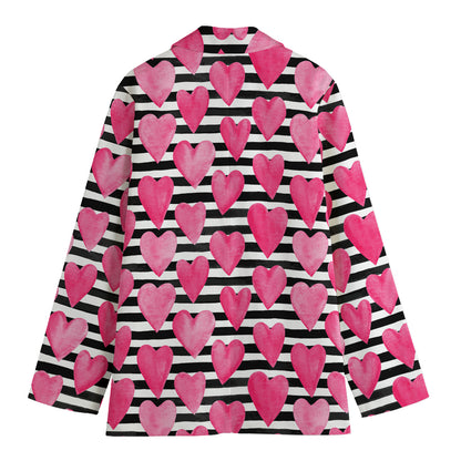 Black And White Striped Heart Print Women's Cotton Blazer