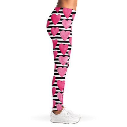 Black And White Striped Heart Print Women's Leggings