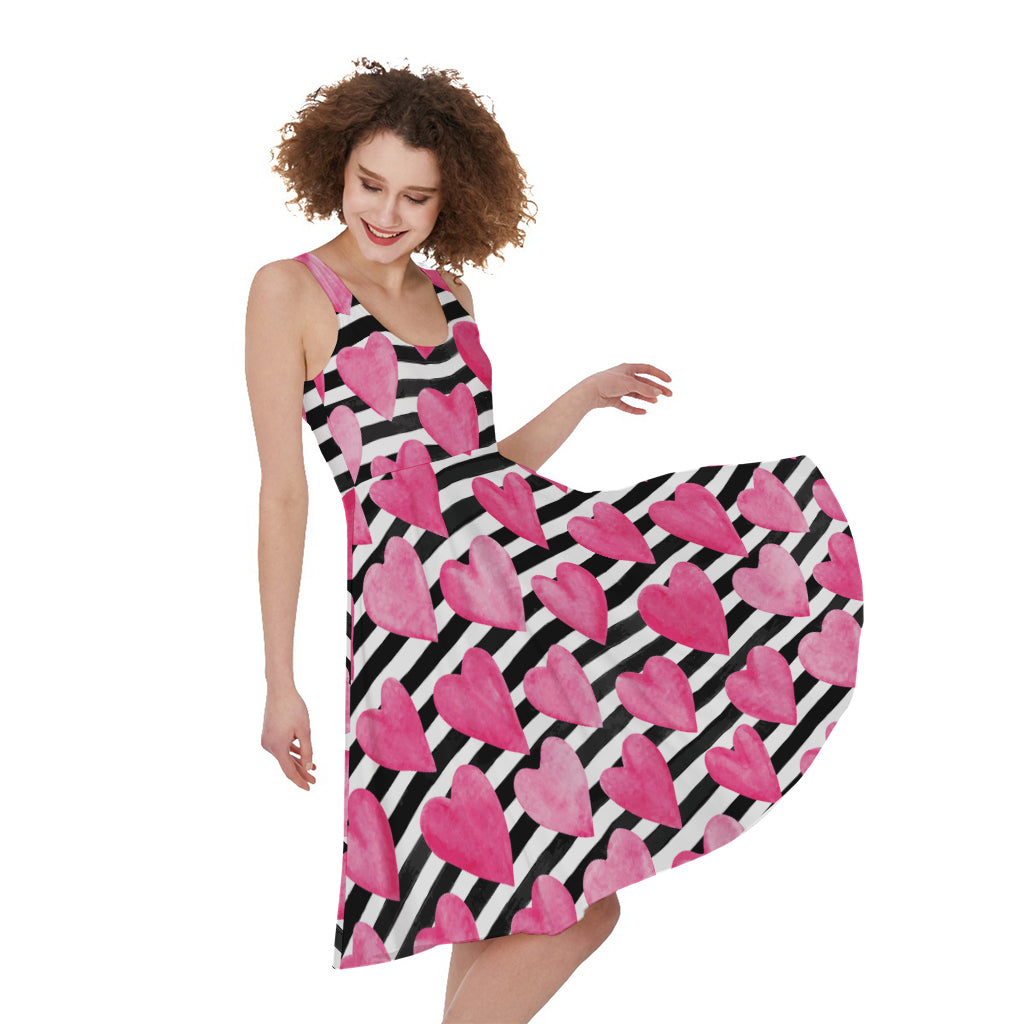 Black And White Striped Heart Print Women's Sleeveless Dress
