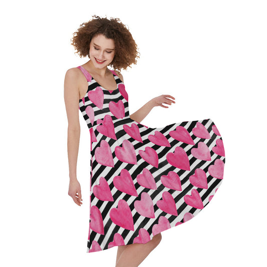 Black And White Striped Heart Print Women's Sleeveless Dress