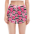 Black And White Striped Heart Print Women's Split Running Shorts