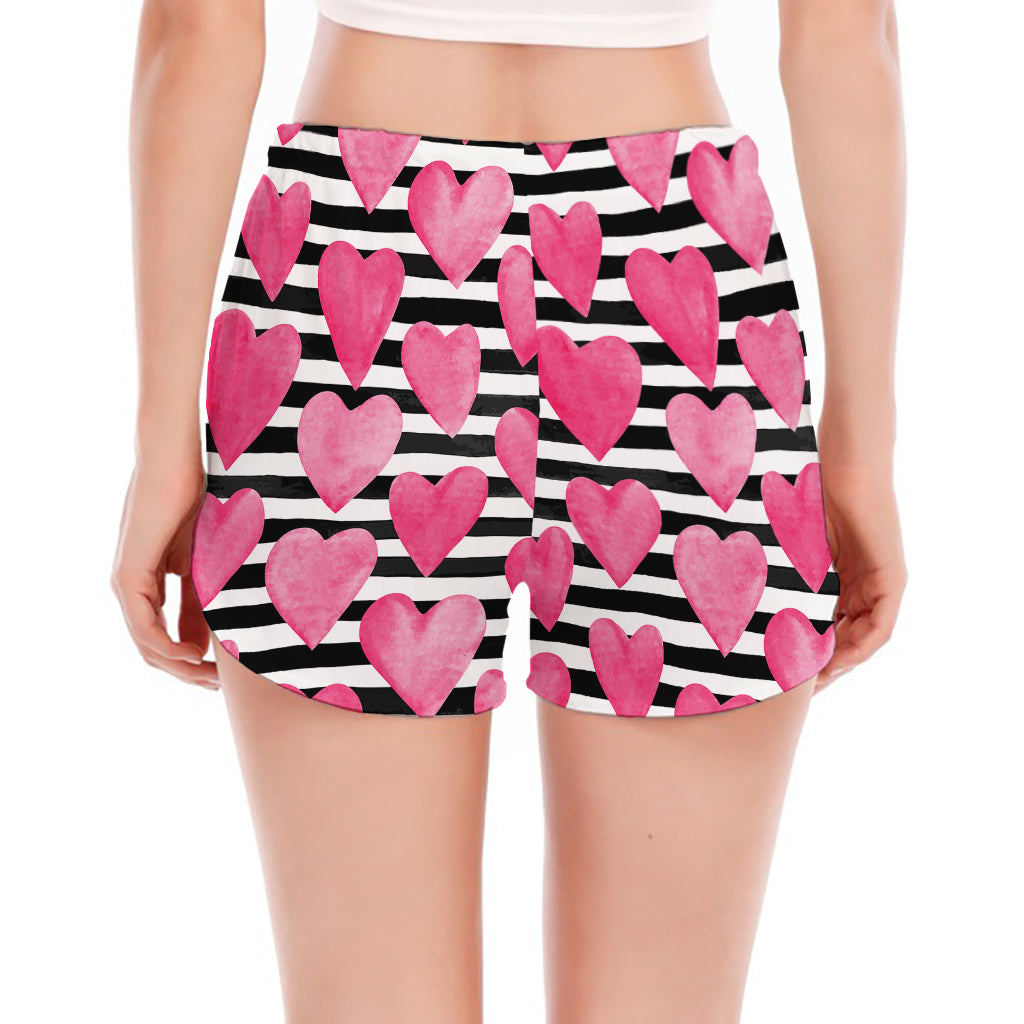 Black And White Striped Heart Print Women's Split Running Shorts