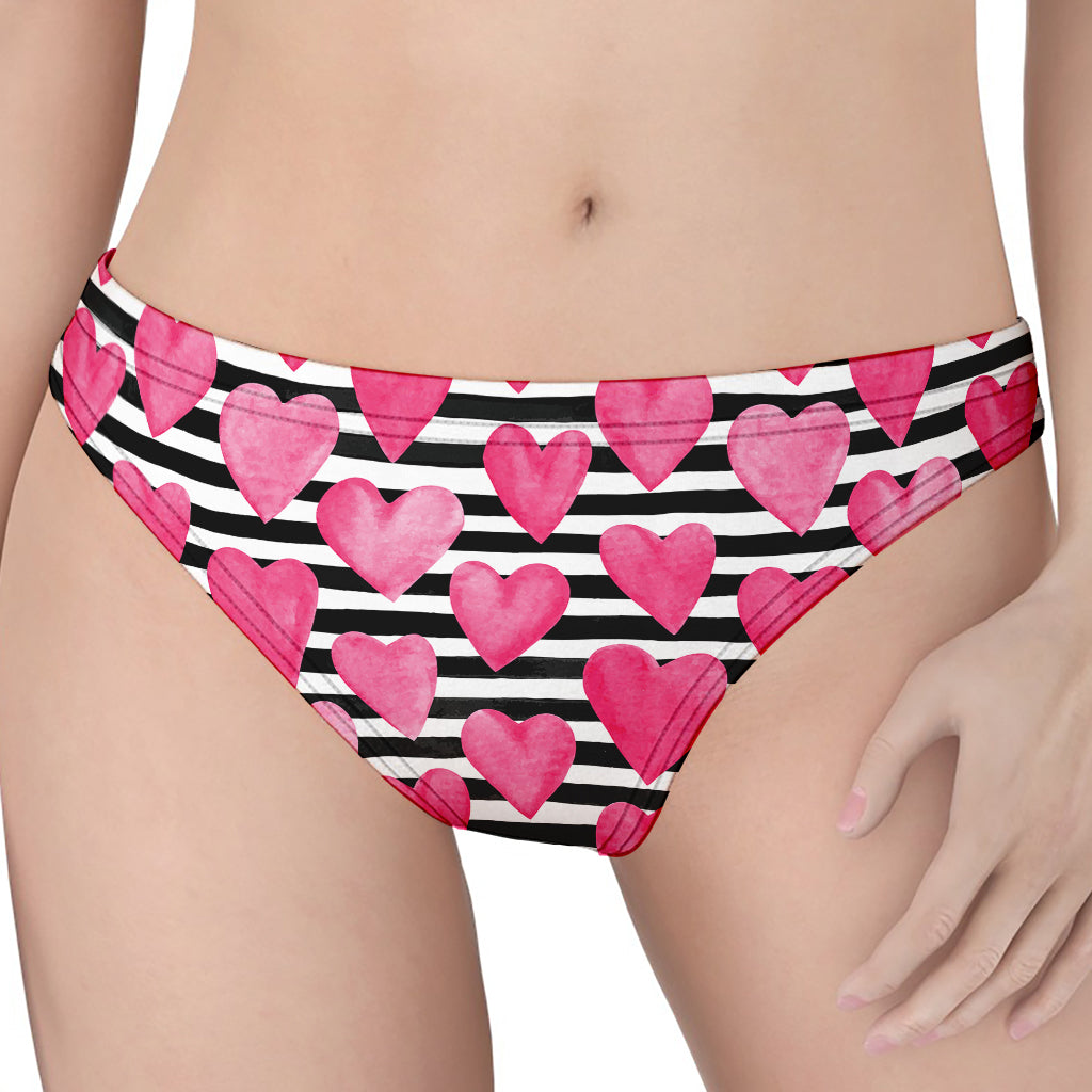 Black And White Striped Heart Print Women's Thong