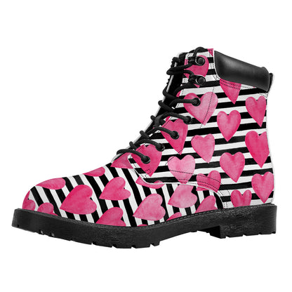 Black And White Striped Heart Print Work Boots
