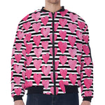 Black And White Striped Heart Print Zip Sleeve Bomber Jacket