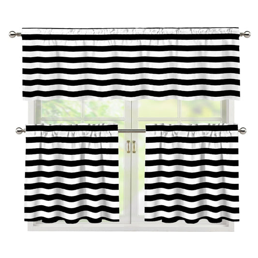 Black And White Striped Pattern Print 3 Piece Kitchen Curtains