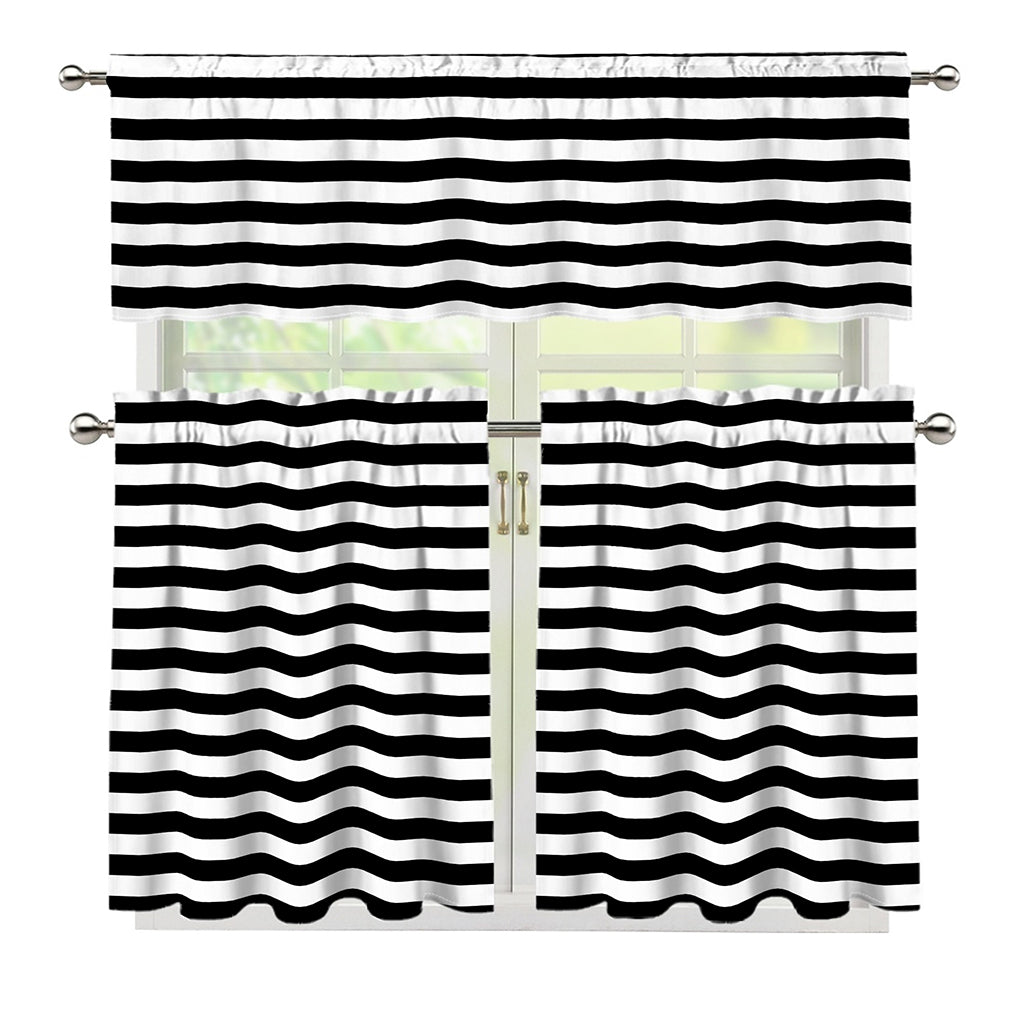 Black And White Striped Pattern Print 3 Piece Kitchen Curtains