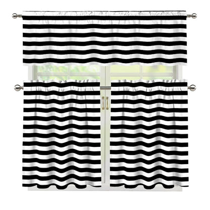 Black And White Striped Pattern Print 3 Piece Kitchen Curtains