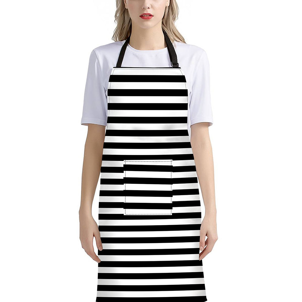 Black And White Striped Pattern Print Bib Apron With Pocket