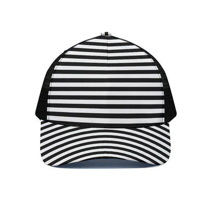 Black And White Striped Pattern Print Black Mesh Trucker Cap