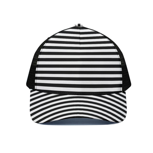 Black And White Striped Pattern Print Black Mesh Trucker Cap