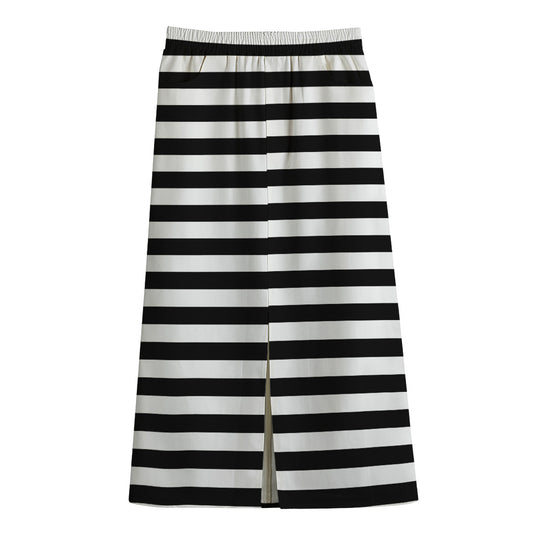 Black And White Striped Pattern Print Cotton Front Slit Maxi Skirt