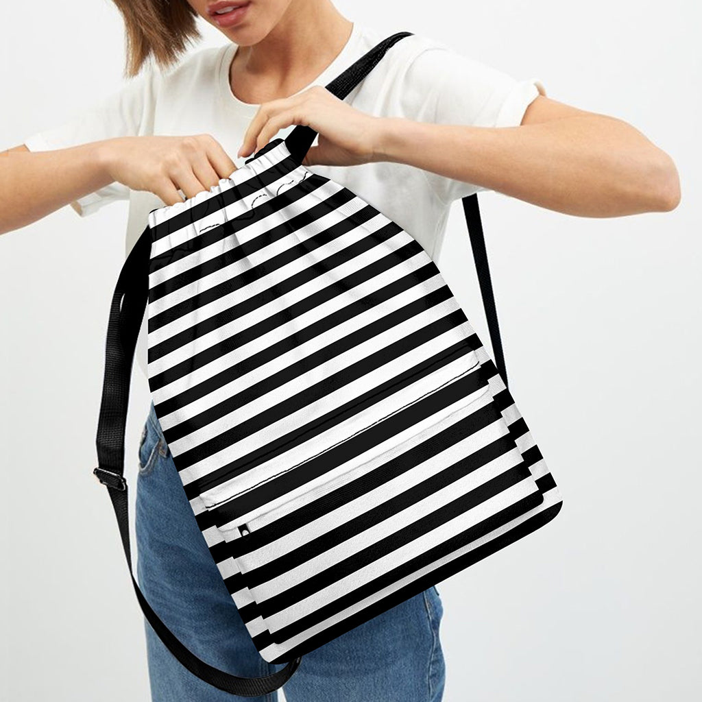 Black And White Striped Pattern Print Drawstring Backpack