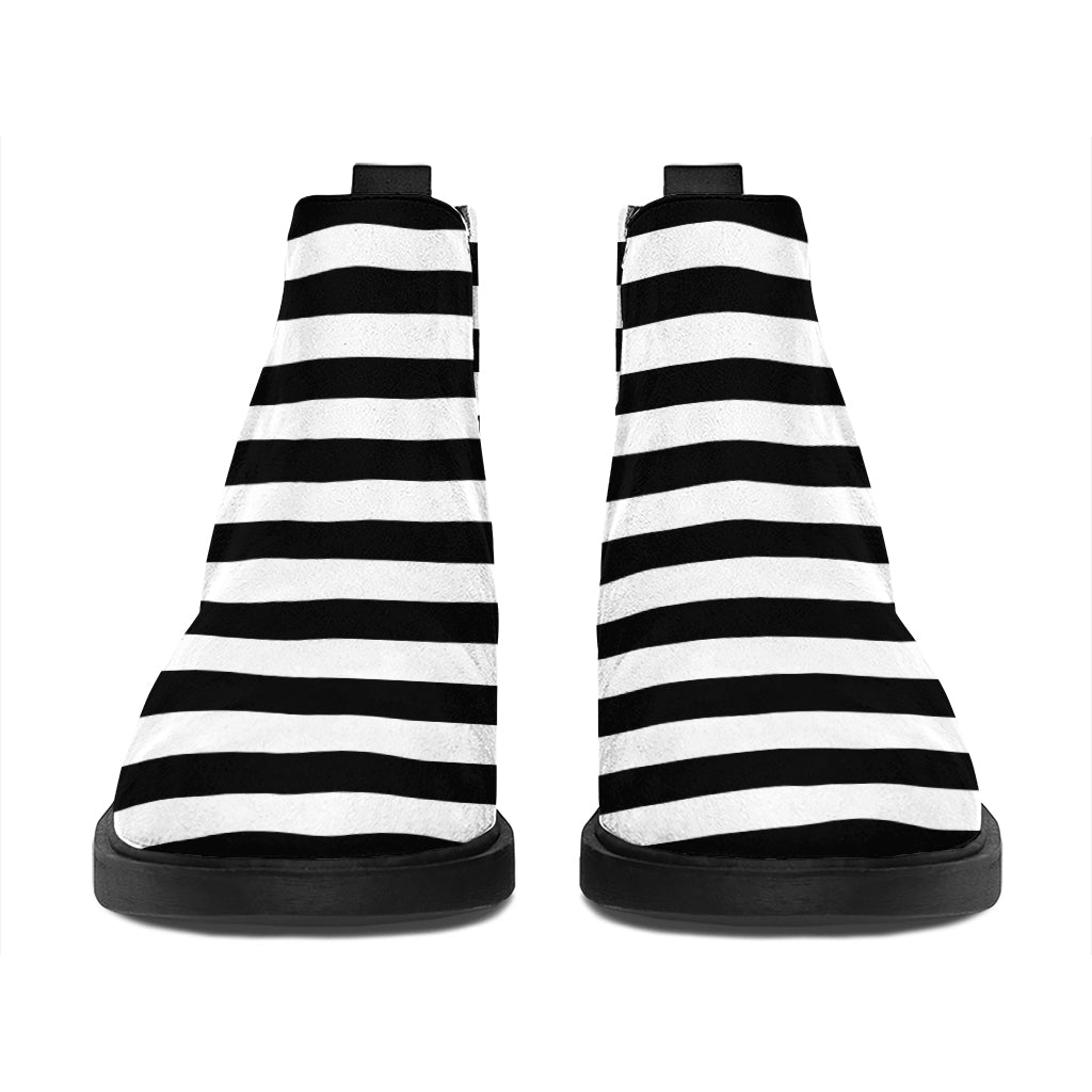 Black And White Striped Pattern Print Flat Ankle Boots