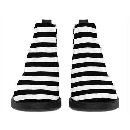 Black And White Striped Pattern Print Flat Ankle Boots