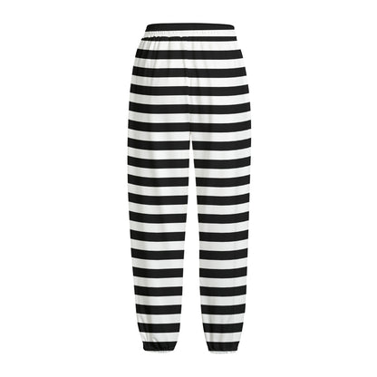 Black And White Striped Pattern Print Fleece Lined Knit Pants