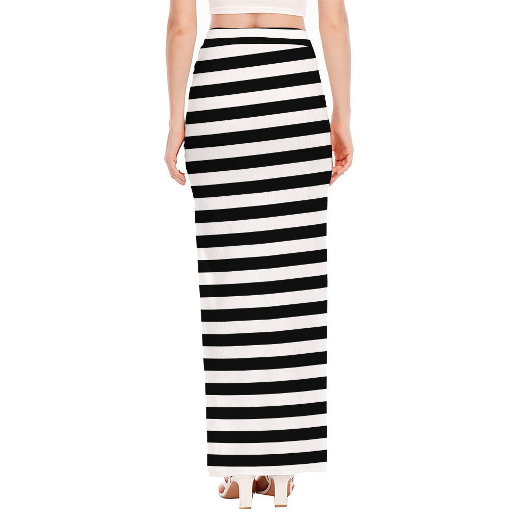 Black And White Striped Pattern Print High Slit Maxi Skirt