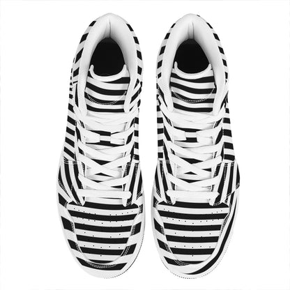Black And White Striped Pattern Print High Top Leather Sneakers