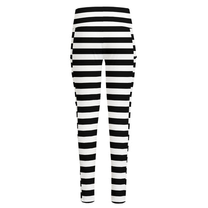 Black And White Striped Pattern Print High-Waisted Pocket Leggings