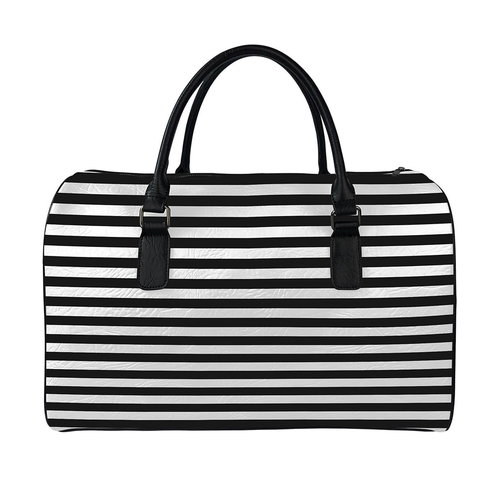 Black And White Striped Pattern Print Leather Duffle Bag