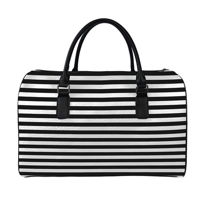 Black And White Striped Pattern Print Leather Duffle Bag